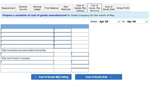 Gross Profit Cost of Cost of General General Raw Requirement Cost of Trial Balance Journal Goods Mfg Goods Mfg Ledger Materia