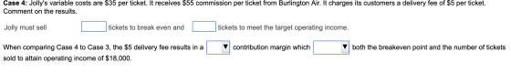 Case 4: Jollys variable costs are $35 per ticket. It receives $55 commission per ticket from Burlington Air. It charges its