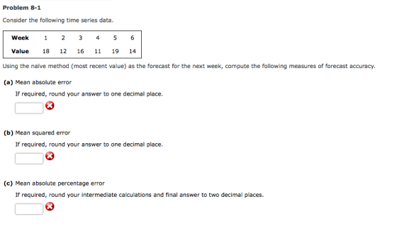 Problem 8-1 Consider the following time series data. Week Value 1 18 2 12 3 16 4 5 6 11 1914 Using the naïve method (most rec