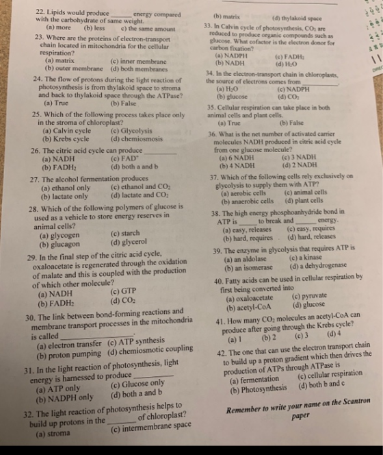 22. Lipids would produce with the carbohydrate of same weight. energy compared (a) more (b) less c) the same amount 23. Where