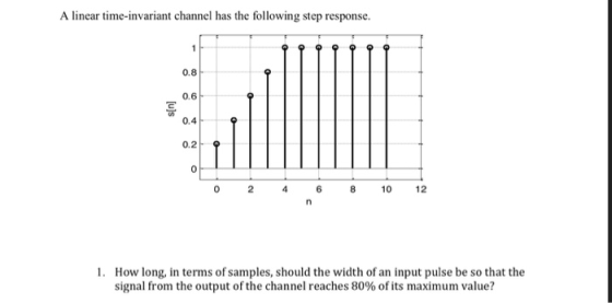 A linear time-invariant channel has the following step response. 0.8 0.4 0.2ト ? 0 0 2 4 6810 12 1. How long, in terms of samples, should the width of an input pulse be so that the signal from the output of the channel reaches 80% of its maximum value?