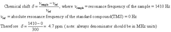 Chemical shift δ-ample ref , where simple-resonance frequency of the sample = 1410 Hz ref = absolute resonance frequency of t