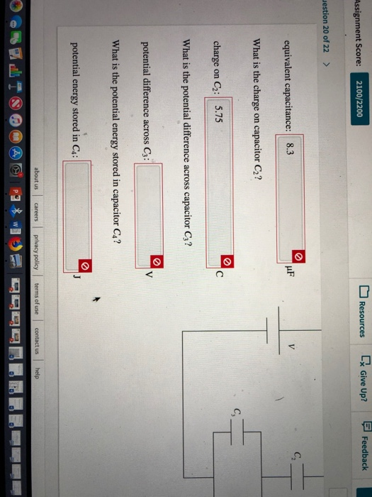 2100/2200 Resources Give Up? Feedback Assignment Score: uestion 20 of 22 > equivalent capacitance: 8.3 V What is the charge c