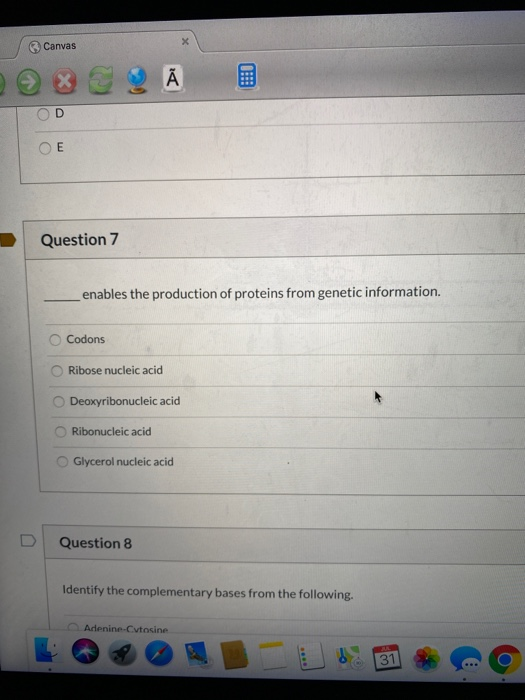 Canvas X A 23:0 D E Question 7 enables the production of proteins from genetic information. Codons Ribose nucleic acid Deoxyr