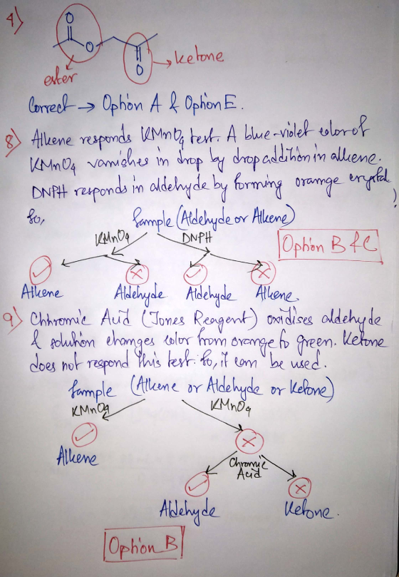 지 0 So, Loketone ester Correct Ophon Af Ophion E. Alleene responds KMnO test. A blue-violet dor of KMnOy vanishes in drop by