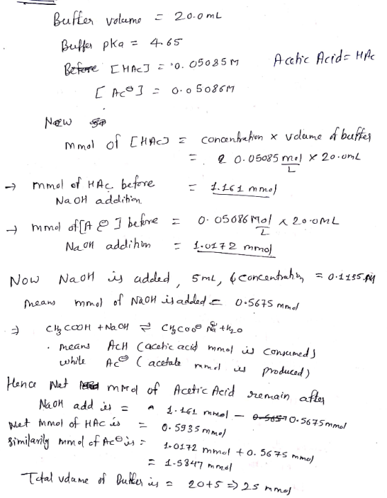 Buffer volceme = 20.0mL Beeffer pka = 4.65 Before . [HAC] = 0.05085m Acctic Acid= Hic [ Aco] = 0.050809 Now Sear mmol of [HAC