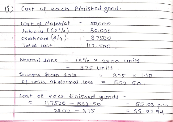 () Cost Of each finished good. cost of Material labour (60%) overhead (314) 50000 30.000 37500 117. smo Toted cost = Normal l