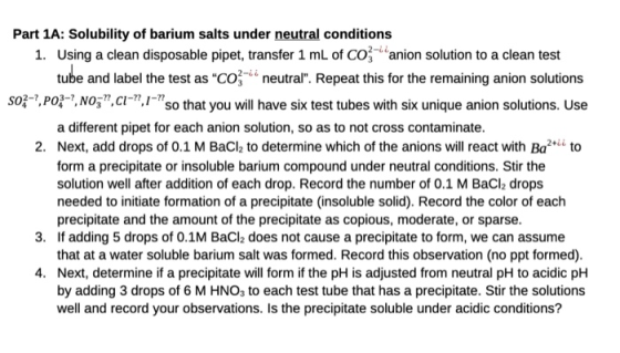 Part 1A: Solubility of barium salts under neutral conditions 1. Using a clean disposable pipet, transfer 1 mL of Co-anion sol