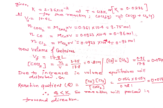 given, k =20364 10.4L K = 2:36X10-2 al traicion of K = 0.0236 ] for the reaction; * v= 10.4L coceg ħ Cocgtc₂c9) o coa = M.com