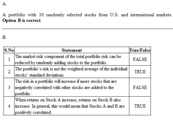 A portfolio with 10 randomly selected stocks from U.S. and intemational markets Op tion B is correct S.No Statement True/Fals