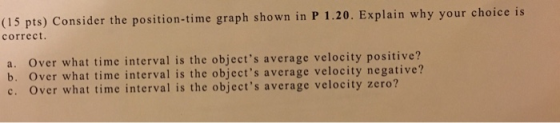 (15 pts) Consider the position-time graph shown in P 1.20. Explain why your choice is correct. a. Over what time interval is the objects average velocity positive? b. Over what time interval is the objects average velocity negative? c. Over what time interval is the objects average velocity zero?