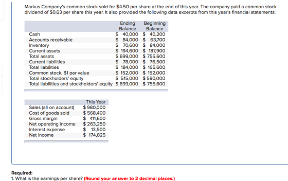 Markus Companys common stock sold for $4.50 per share at the end of this year. The company paid a common stock dividend of $