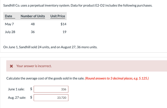 Sandhill Co. uses a perpetual inventory system. Data for product E2-D2 includes the following purchases. Date Number of Units