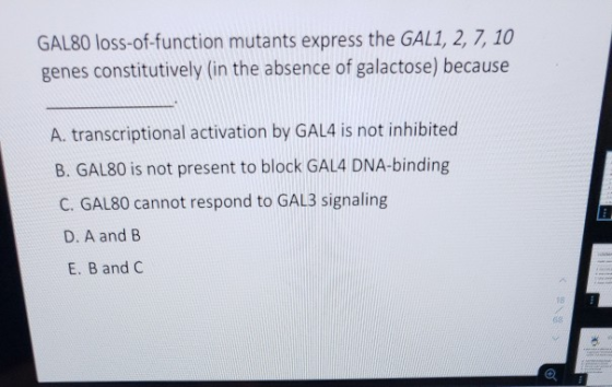 GAL80 loss-of-function mutants express the GAL1, 2, 7, 10 genes constitutively in the absence of galactose) because A. transc