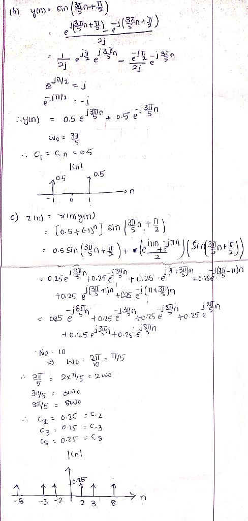 yin) : Sin (f+u). yın) 0.5 e + 0.5 ē3n In! 0.5 0.5 c) z in) = xim)yın) [0.5+61] Sin (n+) חןו 0.5 Sin - 0,25 e 25 +0.25 e +0.2