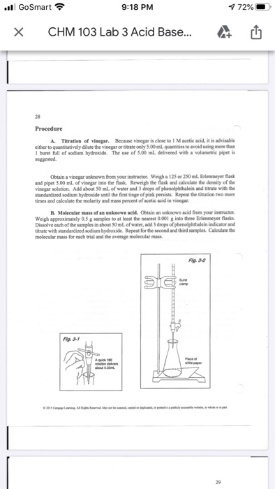 ..ll GoSmart 9:18 PM 7 72% Х CHM 103 Lab 3 Acid Base... U 28 Procedure A. Titration of vinegar. Because vinegar is close to 1