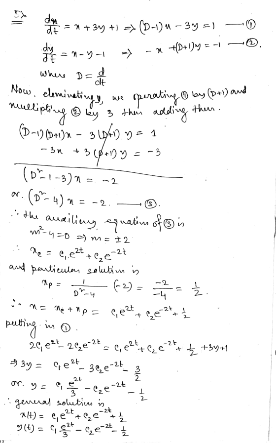 5 (D-1) – 3y =) O 2 -M +(D+1) = -1 d dt We No Now, eleminating muellipti (D-19 (D+1]n - 3 then. pling operating & by (D+1) a