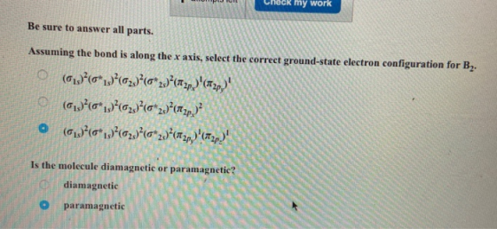 Check my work Be sure to answer all parts. Assuming the bond is along the x axis, select the correct ground-state electron co