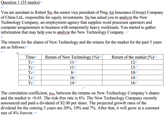 Question 1 (35 marks) You are assistant to Robert Su, the senior vice president of Ping An Insurance (Group) Company of China