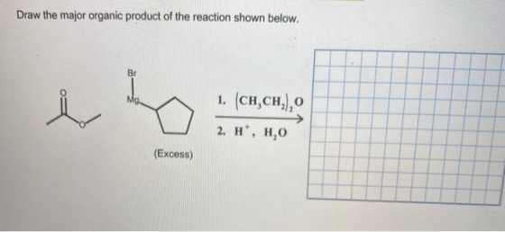Draw the major organic product of the reaction shown below. Br Mg 1. (CH.CH,), 2. H, H,0 (Excess)