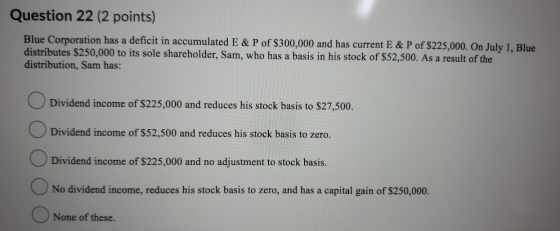 Question 22 (2 points) Blue Corporation has a deficit in accumulated E & P of $300,000 and has current E & P of $225,000. On