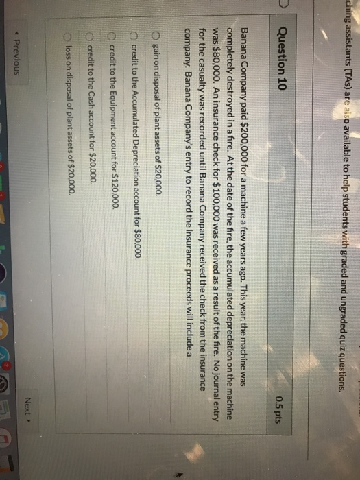 ching assistants (TAs) are also available to help students with graded and ungraded quiz questions. Question 10 0.5 pts Banan