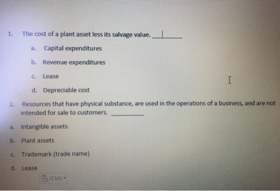 The cost of a plant asset less its salvage value. 1. Capital expenditures а. b. Revenue expenditures Lease С. d. Depreciable
