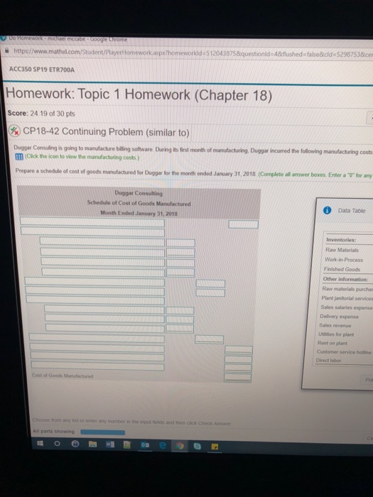 e https//www tHomework.aspx rkld-5120438 75&iquestionld-4&flushed false&cld 52987538ices ACC350 SP19 ETR700A Homework: Topic 1 Homework (Chapter 18) Score: 24 19 of 30 pts CP1842 Continuing Problem (similar to) Duggar Consuling is going to manufacture billing software During Rts fist month of manudacturing, Duggar incurred the following manufacturing costs EE (Click te icon to view the manufacturing costs ) pare a schedule of cost of goods manufactured for Duggar for the month ended January 31,2018 (Complete all answer boxes Enter a 0 for any Schedule of Cost of Goods Manufactured Month Ended January 31, 2018 Data Table Inventories: Raw Materials Finished Goods Other information Raw materlals purcha Plant janitorial services Sales salaries expense Delivery expense Sales revenue Usiliies for plant Rent on plant Customer service hotline Direct labor Cost of Goods Manufactured hom ary ist or enter any number , the ะput nek2s ar d then cio Check Answer All parts showing