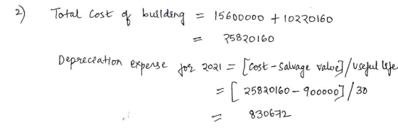 2) Total cost of building = 15600000 + 10220160 = 75820160 Depreciation expense for 2021 = [cost – Salvage valwe] /useful lej