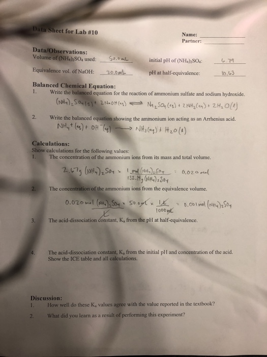 Data Sheet for Lab #10 Name: Partner: Data/Observations: Volume of (NH), SO, used: Suomi initial pH of (NH4)2SO4 6.79 Equival