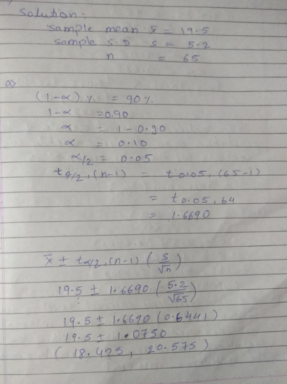 sola tion mean X IS 5-2 n 65 Sample&DS 0.9 5.2 VES 19.5 t 16670 (0-64u 18 42520. 515