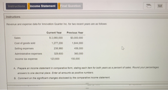 Instructions Income Statement Final Question Instructions Revenue and expense data for Innovation Quarter Inc. for two recent