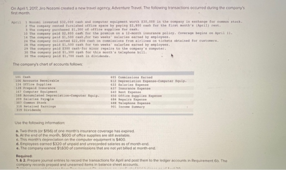 On April 1, 2017, Jiro Nozomi created a new travel agency, Adventure Travel. The following transactions occurred during the c