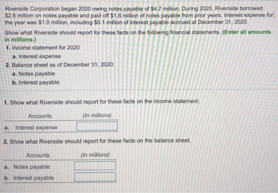 Riverside Corporation began 2020 owing notes payable of $4.7 million. During 2020, Riverside borrowed $2.6 million on notes p
