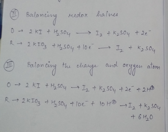 Balancing redox halnes - 2 KI + H₂SO4 -> Iz tk₂S0y the IR 2 KIO₃ + H₂SO4 + 100 - I & K₂ 504 4 Balancing the charge and oxygen