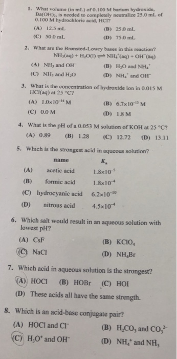 What volume (in mL) of 0.100 M barium hydroxide, Ba(OH)b, is needed to completely neutralize 25.0 mL of 1. 0.100 M hydrochlor