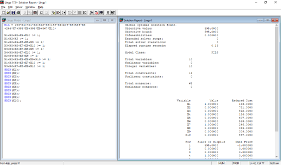 Lingo 17.0-Solution Report . Lingo! File Edit Solver Window Help 23Solution Report Lingol Lingo Model-Lingo Min- 193X1+721X