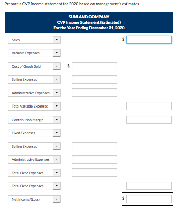 Prepare a CVP Income statement for 2020 based on managements estimates. SUNLAND COMPANY CVP Income Statement (Estimated) For