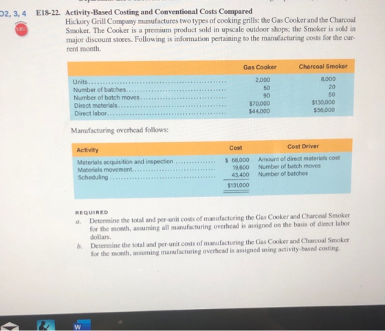 D2,3,4 E18-22. Activity-Based Costing and Conventional Costs Compared Hickory Grill Company manufactures two types of cooking