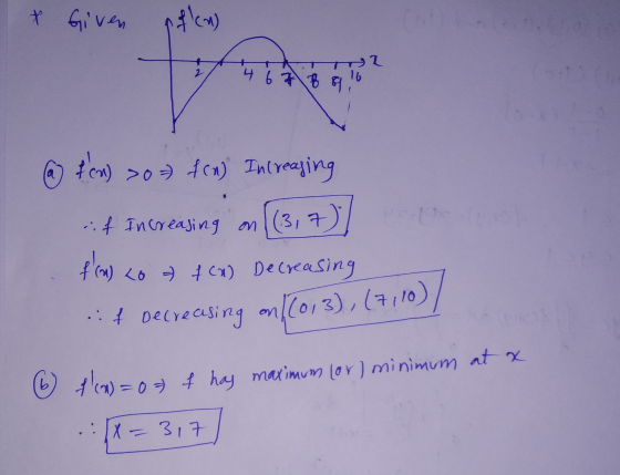 * Given pflen) @ fcm) >0 = f(n) Increasing f Increasing on [(3,7) f(a) to a 762) Decreasing .: f decreasing on (1013), (7,10)