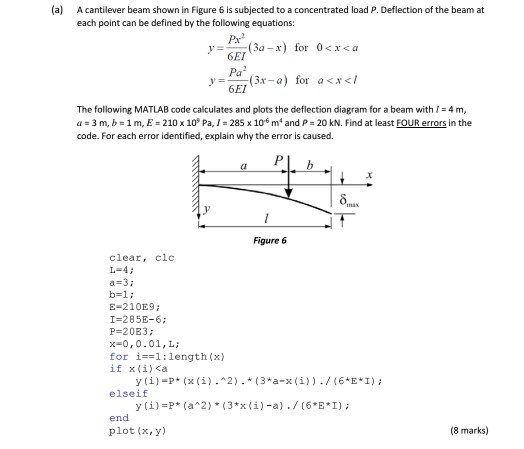 (a) A cantilever beam shown in Figure 6 is subjected to a concentrated load P. Deflection of the beam at each point can be defined by the following equations: 6EI Pa 6EI F3x-a) for axx<l The following MATLAB code calculates and plots the deflection diagram for a beam with 1-4 m, d1 = 3 m, b = 1 m,E>210 x 10, Pa, 1 = 285 x 10-6 m4 and P = 20 kN. Find at least FOUR errors in the code. For each error identified, explain why the error is caused. Figure 6 clear, clc L-4: a-3: b-1i E-210E9 I-285E-6; P=2083; x-0,0.01,L for i-1length (x) elseif end plot (x,y) (8 marks)