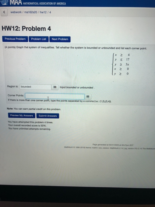 MAA MATHEMATICAL ASSOCIATION OF AMERICA webwork/ma162s20/hw12/4 HW12: Problem 4 Previous Problem Problem List Next Problem (4