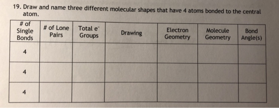 19. Draw and name three different molecular shapes that have 4 atoms bonded to the central atom. # of Single # of Lone Total