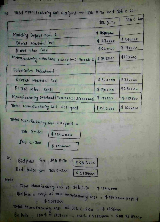 th Total manufacturing Cost assigned to Job D-70 and Job C-200. Job C-200 Job D-70 $ Reso $ 370000 $260000 Molding Department