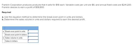 Franklin Corporation produces products that it sells for $18 each. Variable costs per unit are $6, and annual fixed costs are