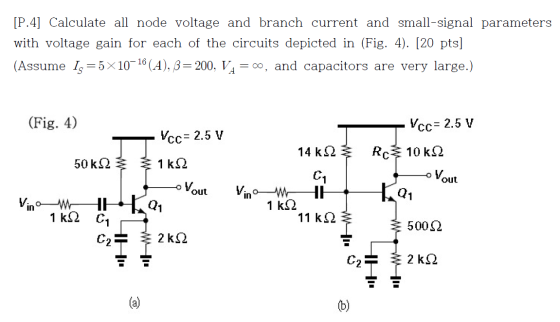 [P.4] Calculate all node voltage and branch current and small-signal parameters with voltage gain for each of the circuits de