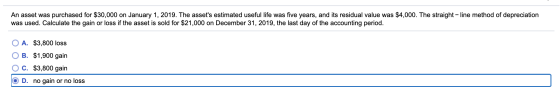An asset was purchased for $30,000 on January 1, 2019. The assets estimated useful life was five years, and its residual val