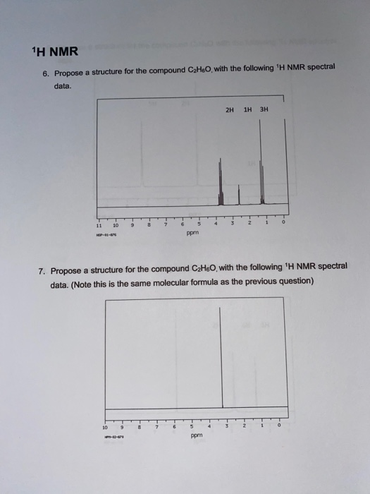 1H NMR 6. Propose a structure for the compound CzH.O with the following H NMR spectral data. 2H 1H 3H 1110 H ppm 7. Propose