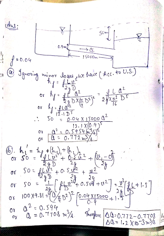 celus: t soll 0.9m K - 0 15000m - =0 @ Ignoring minor losses, we have (Acc. to U.S.) L o s hy the Daje kone or 12.1 or a² = 0