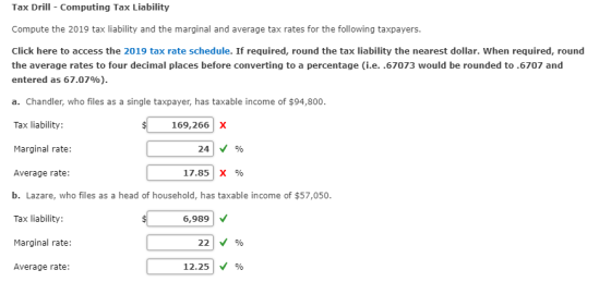 Tax Drill - Computing Tax Liability Compute the 2019 tax liability and the marginal and average tax rates for the following t